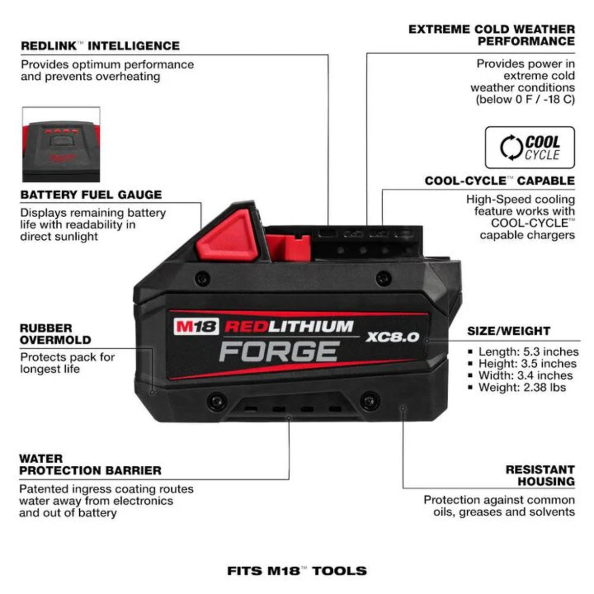 Milwaukee M18 REDLITHIUM FORGE XC 18V 8Ah Lithium Ion Power Tool Battery Pack with Fuel Indicator