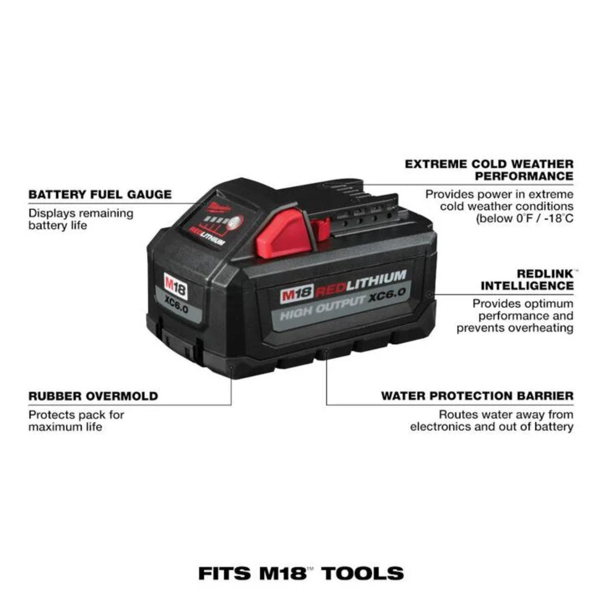 Milwaukee M18 REDLITHIUM HIGH OUTPUT XC 18V 6Ah Lithium Ion Power Tool Battery Pack with Fuel Indicator