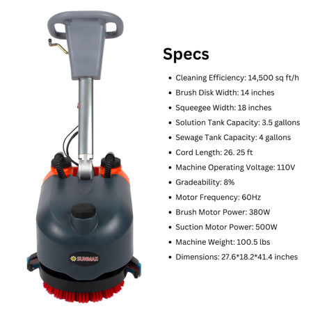Sunmax RT15AC Corded Walk-Behind Floor Scrubber, 14" Cleaning Path