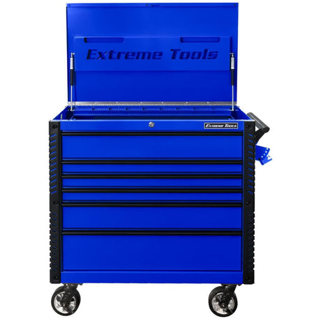 Extreme Tools 41in 6-Drawer Flip Top Deluxe Tool Cart with Bumpers, Blue/Black