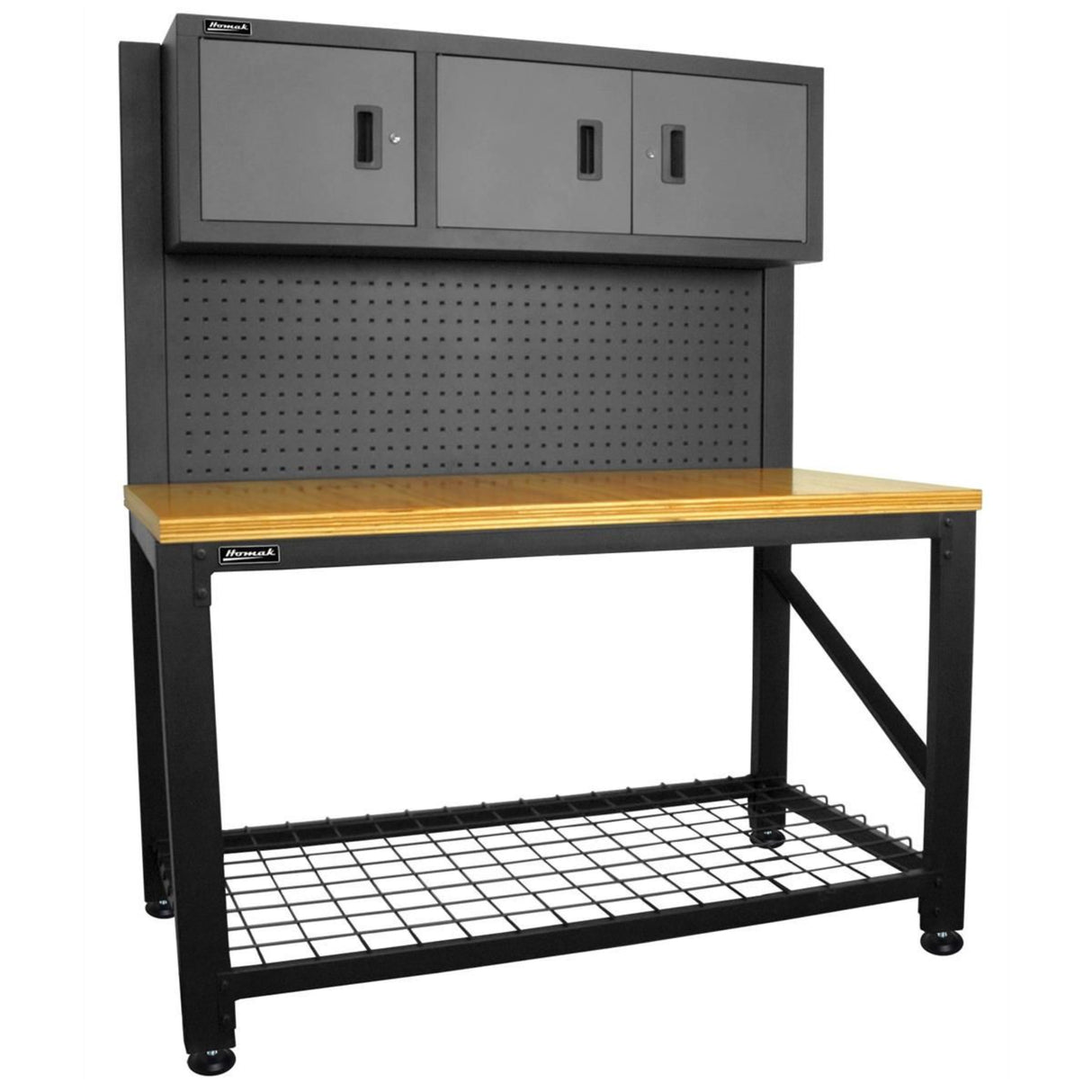 Homak 59" Garage Series Workstation — Plywood Top, Pegboard Backing, 3-Door Cabinet