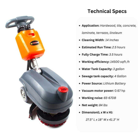 Sunmax RT15+ 14" Compact Walk-Behind Floor Scrubber, Heavy Duty Brush, 14500 sqft/h, Lithium battery