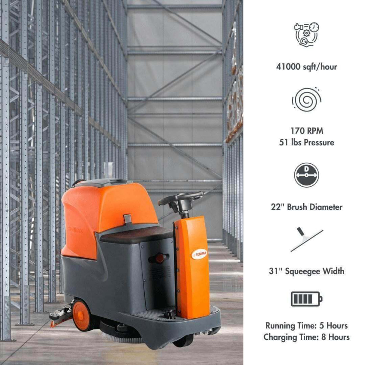Sunmax RT70 Ride-On Floor Scrubber, 22" Cleaning Path, 48,000 sq ft/hr, 18.5 gal Tanks