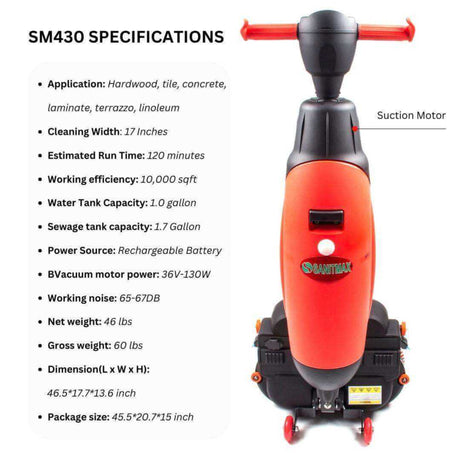 Sunmax SM430 17" Walk-Behind Automatic Floor Scrubber, 360 Degree Rotating Head, 10000 sqft/h, Cordless Rechargeable Lithium Battery