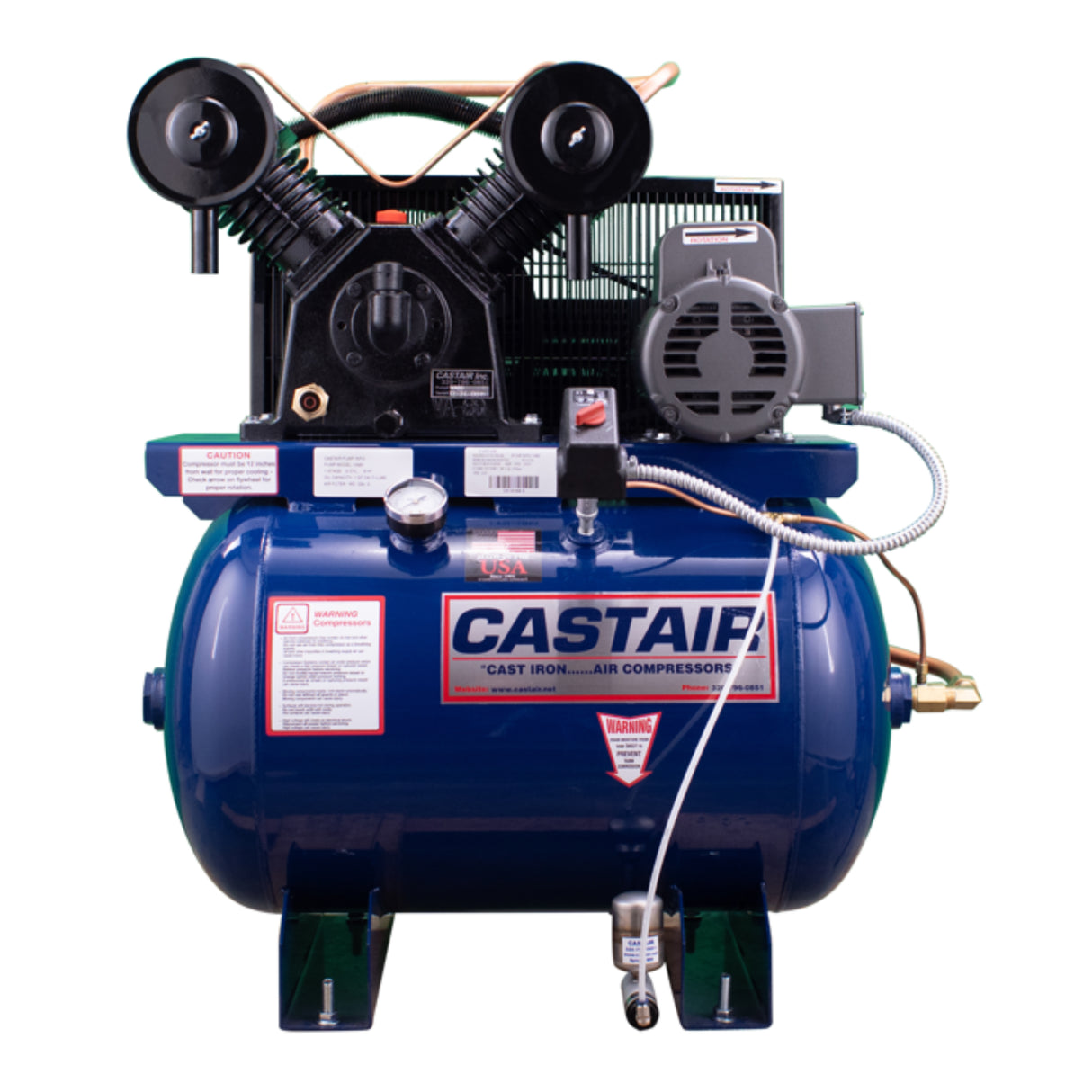 Castair 5 HP Commercial Single & Two-Stage Air Compressor – Up to 18.3 CFM @ 100 PSI, 30–80 Gal ASME Tank