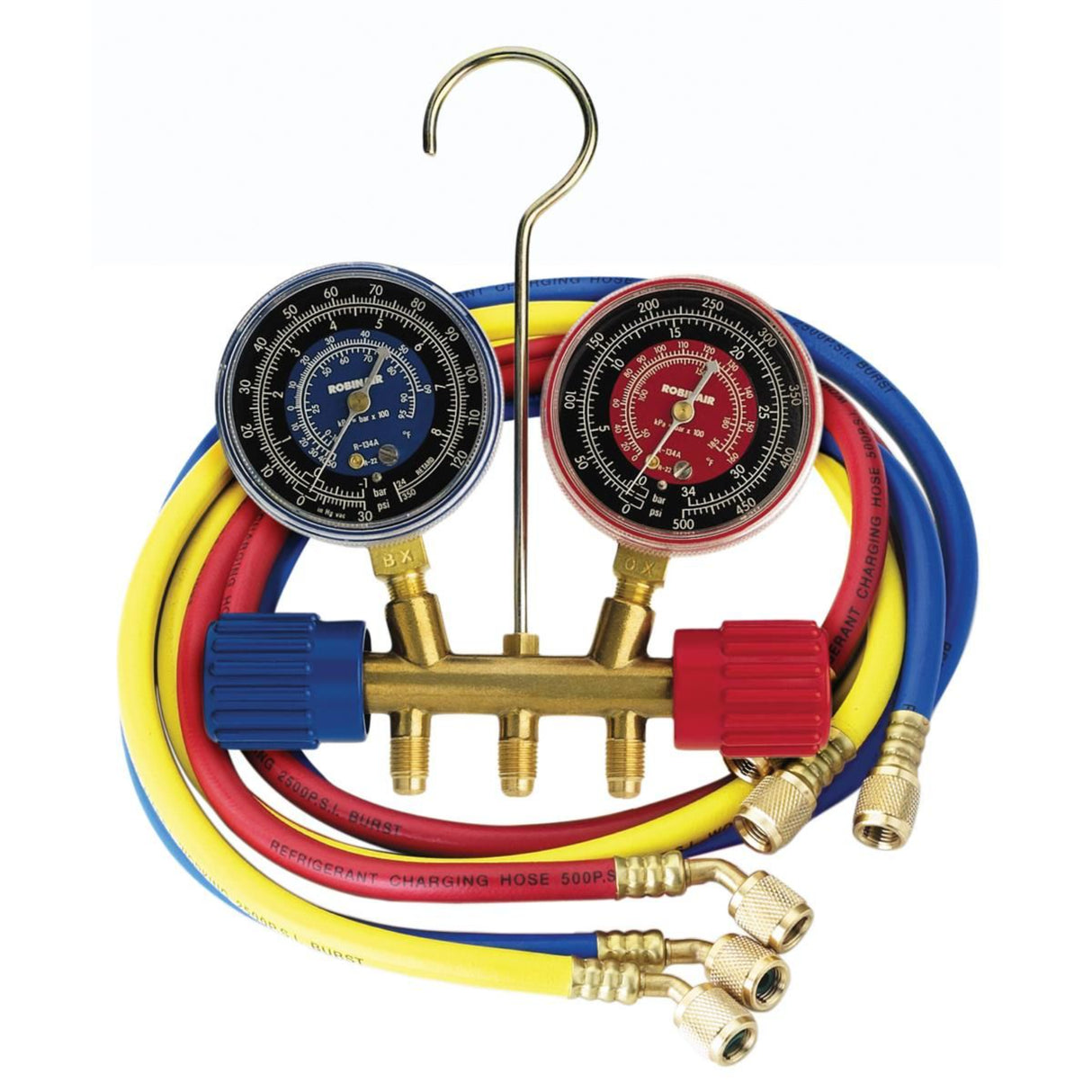 Robinair 40169 2-Valve Brass Side Wheel Manifold Set with 60" Hoses, R-22/R-134a